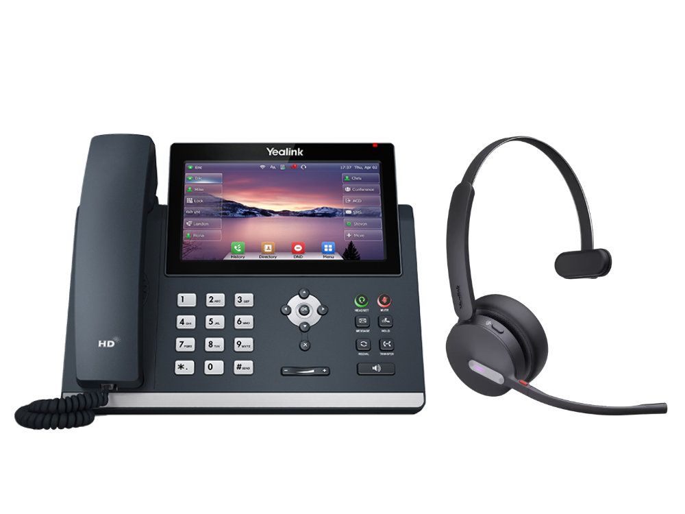 Voorkant van de Yealink T48U VoIP-telefoon met de Yealink WH64 Mono DECT en Bluetooth headset