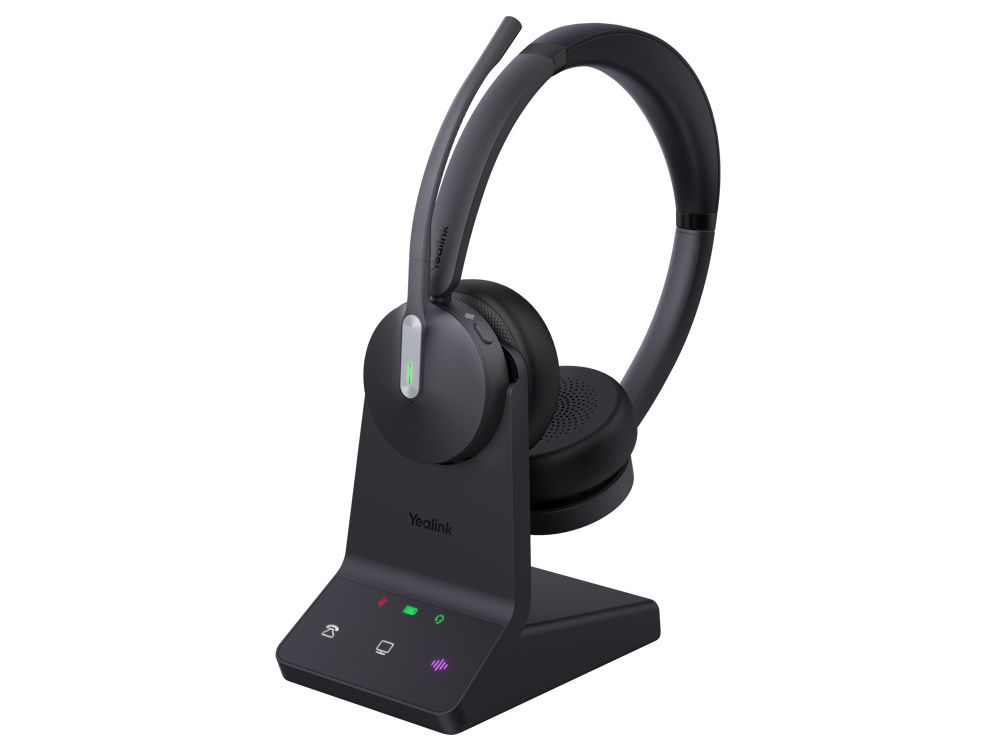 De Yealink WH64 Dual UC headset met basisstation schuin van voor