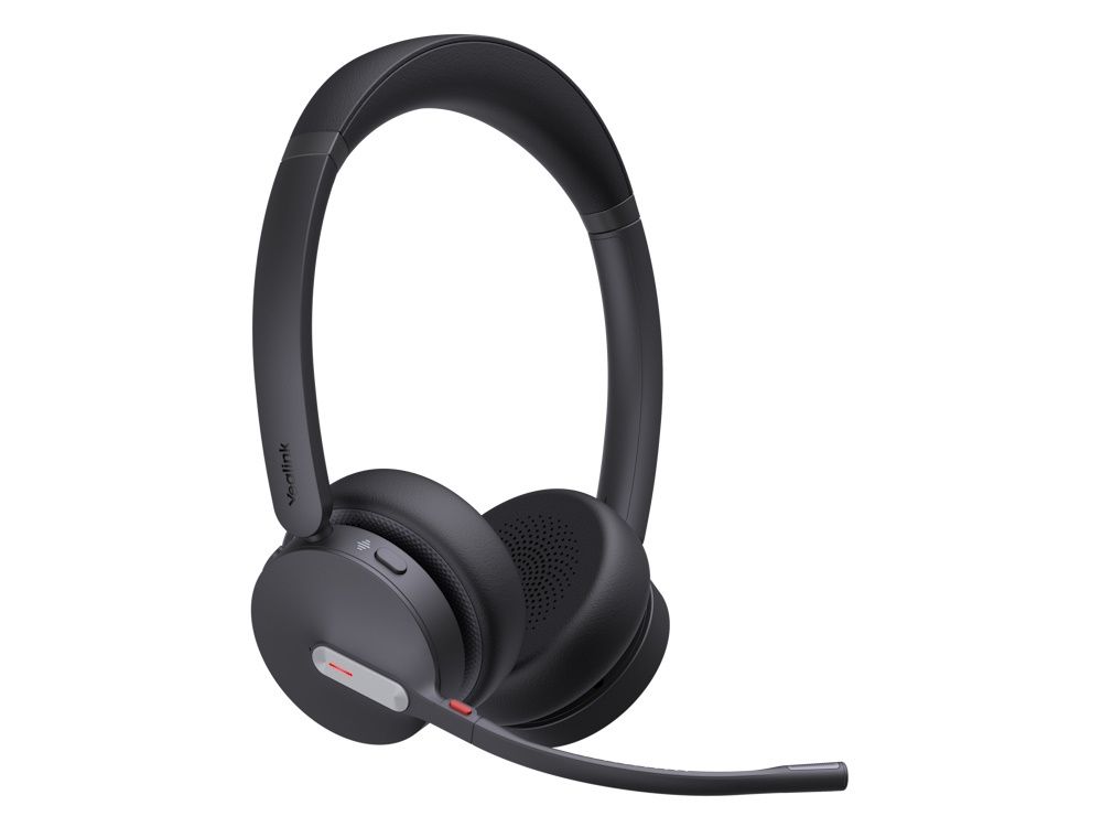 De Yealink WH64 Hybrid Dual UC headset schuin met microfoonarm
