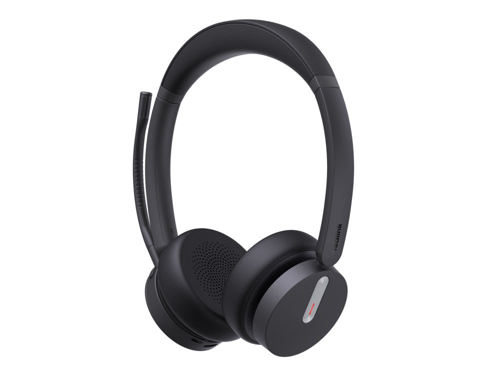 De Yealink WH64 Hybrid Dual UC headset schuin met de microfoonarm ingeklapt