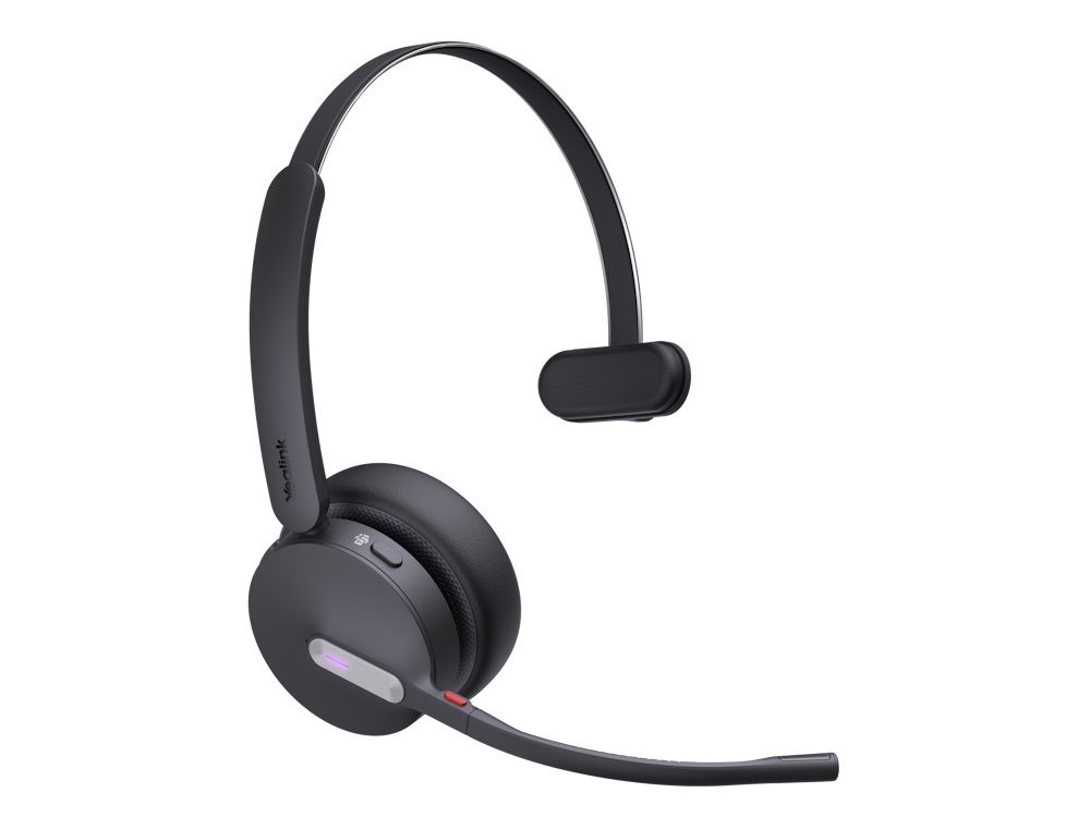 De Yealink WH64 Hybrid Mono Teams headset met uitgeklapte microfoonarm