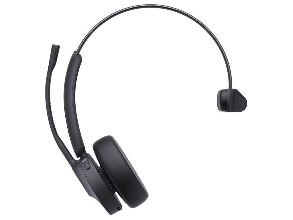 De Yealink WH64 Hybrid Mono Teams headset met ingeklapte microfoonarm