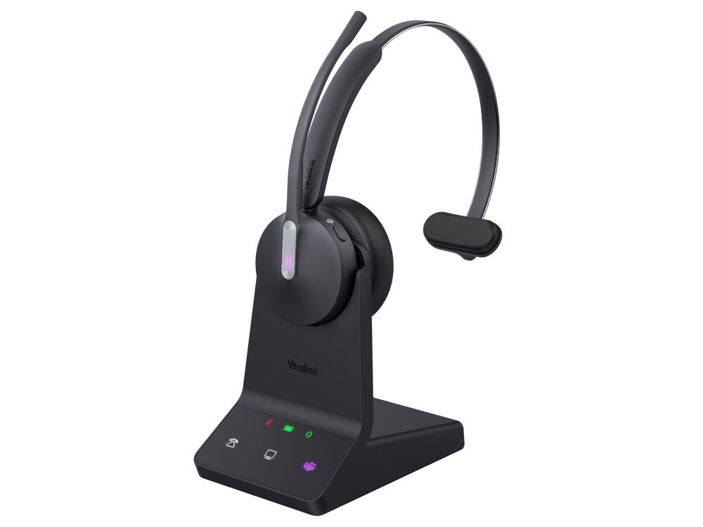 Yealink WH64 Mono Teams headset met basisstation schuin van voren