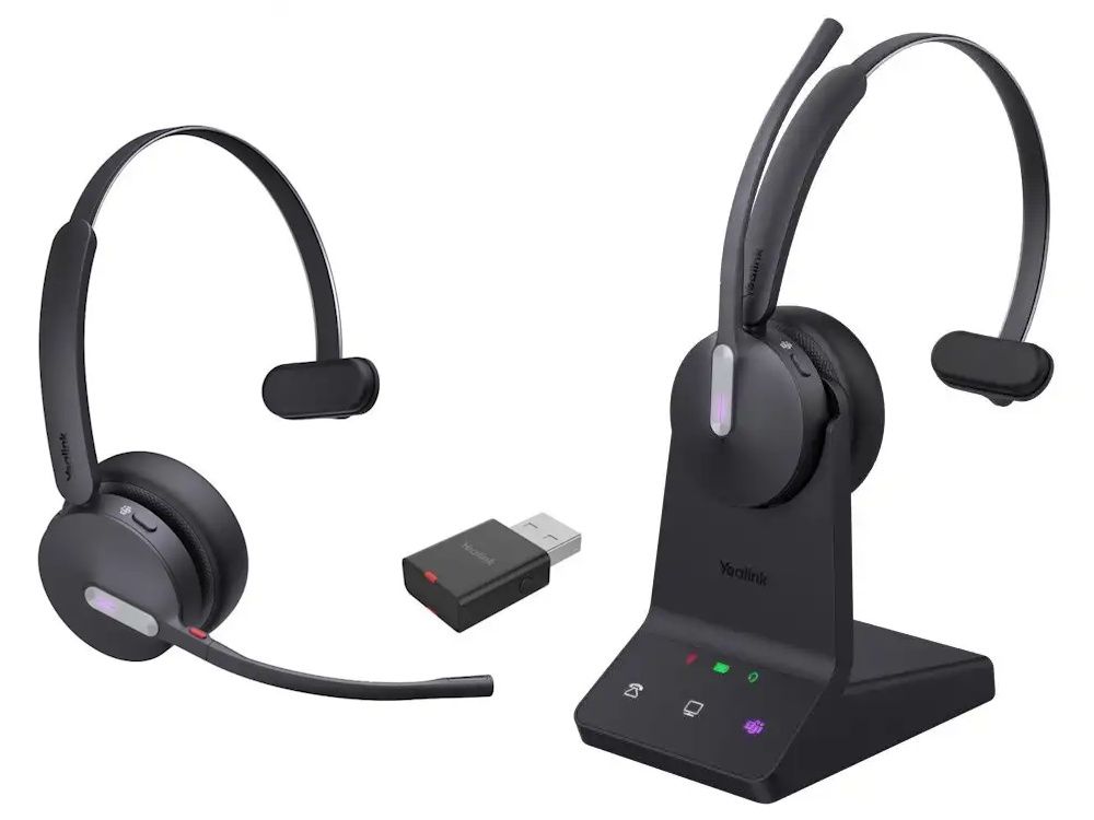 Yealink WH64 Mono Teams headset Trainingsset met twee draadloze DECT en Bluetooth headsets met een DECT basisstation en een USB-A DECT dongle
