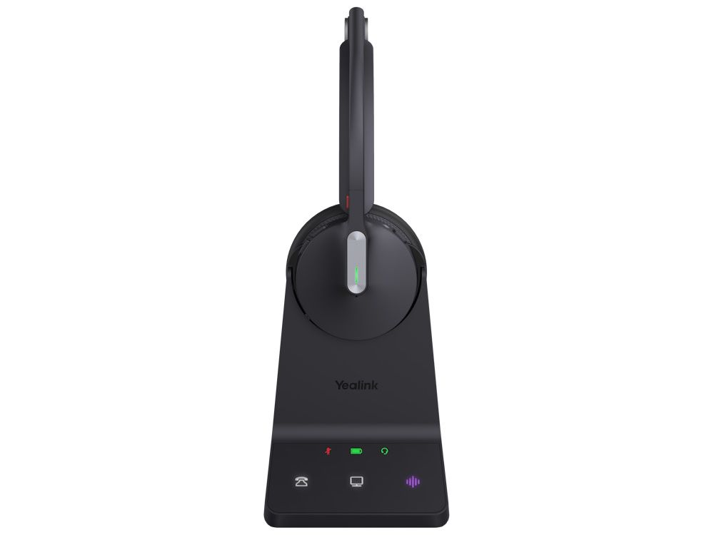 Voorkant van de Yealink WH64 Mono DECT en Bluetooth headset op het basisstation